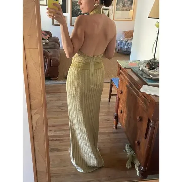 Herve Leger Gold Knit Halter Maxi Gown Size Large - Picture 3 of 11
